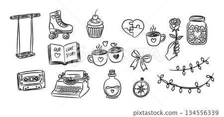 Valentine hand drawn doodle vintage vector with cute love typewriter, romantic storybook sketch illustration for wedding, minimalist heart icons, scrapbook clip art 134556339