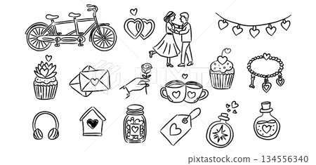 Valentine hand drawn doodle couple vector with cute love bicycle, romantic rose sketch illustration for wedding design, minimalist heart icons, scrapbook clip art 134556340