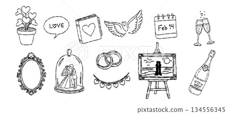 Wedding couple in glass dome and love diary set hand drawn doodle vector, bride and groom rings and romantic painting sketch illustration 134556345