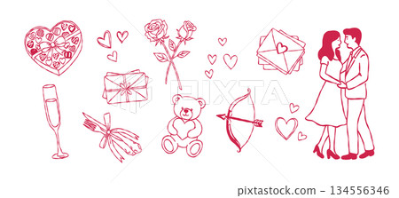 Romantic couple and Valentine's day gift set hand drawn doodle vector, heart chocolate box and teddy bear sketch illustration, love elements 134556346