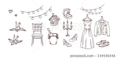 Wedding dress and groom suit attire set hand drawn doodle vector, bridal rings and ceremony chair decor sketch illustration, celebration elements Wedding dress and groom suit attire set hand drawn doodle vector, bridal rings and ceremony chair decor sketch illustration, celebration elements 134556348