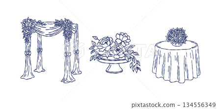 Wedding arch gazebo and floral table centerpiece set hand drawn doodle vector, romantic venue decoration and flowers sketch illustration Wedding arch gazebo and floral table centerpiece set hand drawn doodle vector, romantic venue decoration and flowers sketch illustration 134556349