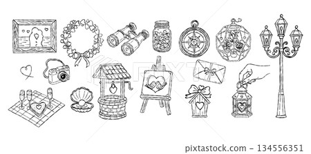 Romantic journey elements with binoculars and compass hand drawn doodle vector, wishing well and vintage street lamp sketch illustration Romantic journey elements with binoculars and compass hand drawn doodle vector, wishing well and vintage street lamp sketch illustration 134556351
