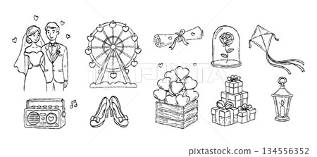 Wedding couple and romantic Ferris wheel set hand drawn doodle vector, love scroll and heart balloon crate sketch illustration, celebration elements 134556352