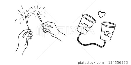 Hands holding lit wedding sparklers and tin can phone hand drawn doodle vector, romantic couple celebration and communication sketch illustration 134556353