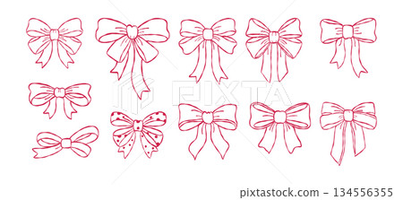 Decorative ribbon bows collection hand drawn doodle vector, romantic valentine dotted and silk bows sketch illustration, love gift elements 134556355