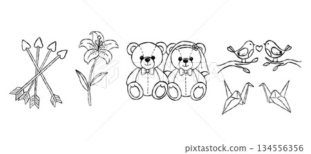 Cute wedding teddy bear couple with lily flower hand drawn doodle vector, cupid arrows and origami birds sketch illustration, love elements Cute wedding teddy bear couple with lily flower hand drawn doodle vector, cupid arrows and origami birds sketch illustration, love elements 134556356