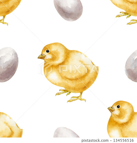 Seamless pattern with yellow chickens and eggs. Isolated watercolor illustration. A drawing with birds in a poultry yard in natural colors. Realistic chicken for eco-friendly food design and farm 134556516