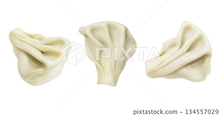 Khinkali homemade food isolated on white background. Single raw khinkali isolated on white background Khinkali homemade food isolated on white background. Single raw khinkali isolated on white background 134557029
