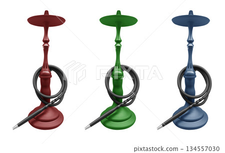 Three hookah isolated on white background. Hookah for smoking of tobacco isolated. 134557030