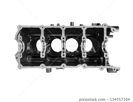 Cylinder block engine isolated on a white background. Block car engine cylinder on a white background. Car parts, top view. Cylinder block engine isolated on a white background. Block car engine cylinder on a white background. Car parts, top view. 134557104