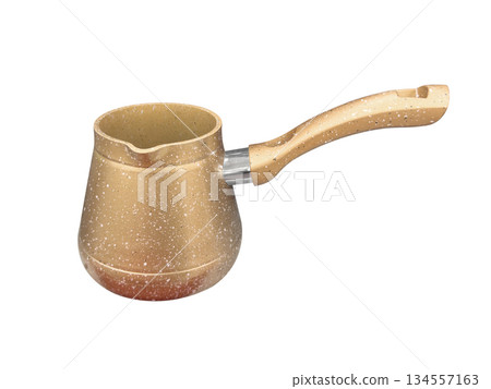 Copper cezve for coffee isolated on a white background. Metal copper turk isolated. Copper cezve for coffee isolated on a white background. Metal copper turk isolated. 134557163