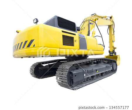 Crawler excavator with lift up bucket isolated on white background. Powerful excavator with an extended bucket close-up. Construction equipment for earthworks 134557177