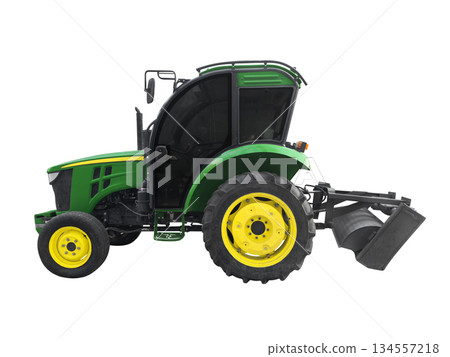 Tractor isolated on a white background. Green modern tractor. Industrial street tractor for road works with a bucket isolated Tractor isolated on a white background. Green modern tractor. Industrial street tractor for road works with a bucket isolated 134557218
