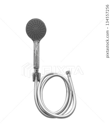 Modern bathing metallic black shower wall system with faucet isolated on a white background. Bathroom equipment. Faucet with spray repair kit. 134557256