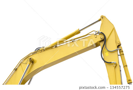 Crawler excavator with lift up bucket isolated on white background. Powerful excavator with an extended bucket close-up. Construction equipment for earthworks 134557275