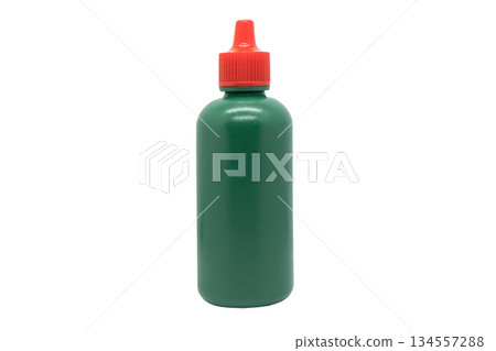 Dropper bottle isolated. Amber gplastic essential bottle. Flacon for nasal extract, pharmacy liquid isolated on white background 134557288