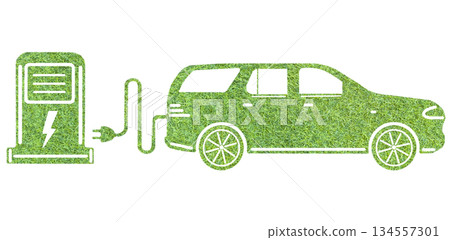 Eco friendly car concept with electric vehicle charging station. EV car covered with grass isolated on white background. Green sustainable clean energy. Eco friendly car concept with electric vehicle charging station. EV car covered with grass isolated on white background. Green sustainable clean energy. 134557301