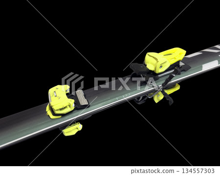 Pair of alpine skis isolated on black background. Sport equipment for skiing. Pair of alpine skis isolated on black background. Sport equipment for skiing. 134557303
