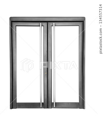 Entrance glass door isolated on white background. Black interior door isolated. Entrance door 134557314