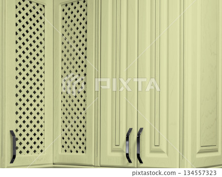Modern kitchen interior. Handles on kitchen cabinets. Salon with kitchen. Modern kitchen set. Modern kitchen interior. Handles on kitchen cabinets. Salon with kitchen. Modern kitchen set. 134557323