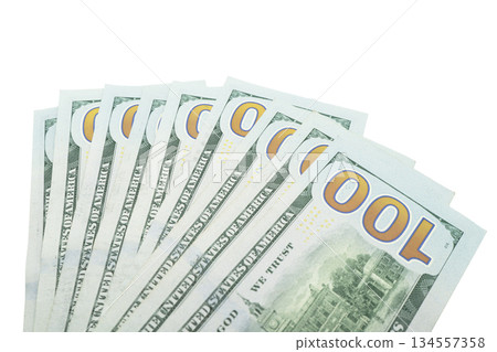 Stack of one hundred dollar bills. Stack of cash money in hundred dollar banknotes. Heap of hundred dollar bills on white background 134557358