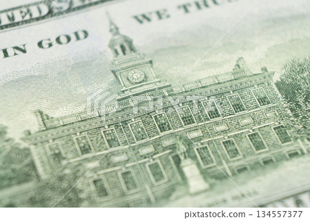 Macro shot image of the corner of a 100 dollar bill banknotes. Concept of financial success. Background of 100 dollar bills. One hundred dollars. 134557377