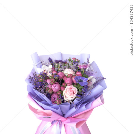 Beautiful pink bouquet with flowers background texture. Nature outdoor. Bouquet isolated on white background. Beautiful pink bouquet with flowers background texture. Nature outdoor. Bouquet isolated on white background. 134557433