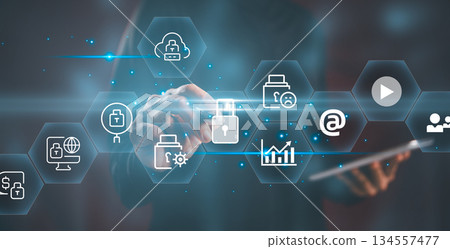 Businessman interacting digital security interface cloud protection data encryption secure access cybersecurity icons representing network safety information protection modern technology solutions Businessman interacting digital security interface cloud protection data encryption secure access cybersecurity icons representing network safety information protection modern technology solutions 134557477