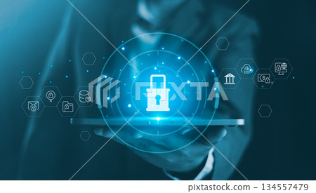Digital lock icon displayed above tablet represents cybersecurity, data protection secure digital services encrypted access information privacy for modern business platforms online technology systems Digital lock icon displayed above tablet represents cybersecurity, data protection secure digital services encrypted access information privacy for modern business platforms online technology systems 134557479