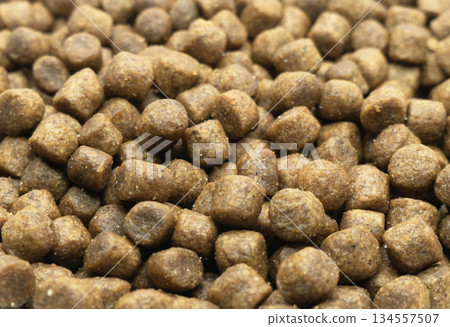 Dry pet food texture background. Food for cats and dogs pattern. Pile of granulated animal feeds. Granules of good nutrition for dogs and cats. Macro shot 134557507