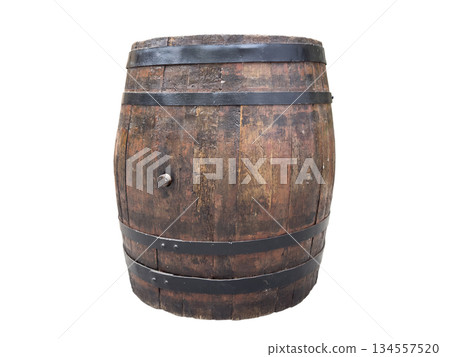 Old oak wine barrel isolated on white background. Oak barrel isolated. Old wooden barrel for wine Old oak wine barrel isolated on white background. Oak barrel isolated. Old wooden barrel for wine 134557520