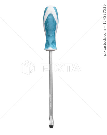 Screwdriver with plastic and rubber handle isolated on white background. Flat head screw driver Tool isolated Screwdriver with plastic and rubber handle isolated on white background. Flat head screw driver Tool isolated 134557539