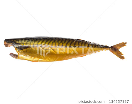 Hot smoked mackerel fish isolated on white background. Smoked fish. Smoked fish background texture Hot smoked mackerel fish isolated on white background. Smoked fish. Smoked fish background texture 134557557