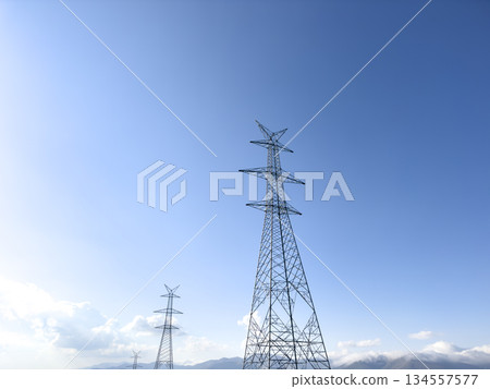 Power line. High-voltage power transmission tower with wires. High voltage line. Energy industry. Energy transfer over blue sky. Energy industry. Power substation. 134557577