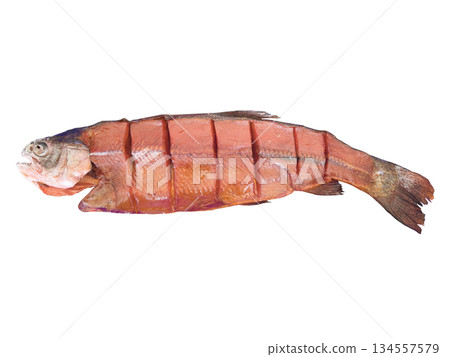 Smoked rainbow trout fish isolated on white background. 134557579