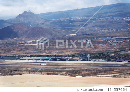 Greenhouses on coast near Tenerife airport, sunny summer day, Canary Islands, Spain 134557664
