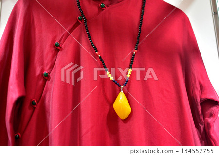 Red Traditional Garment with Yellow Pendant Necklace 134557755