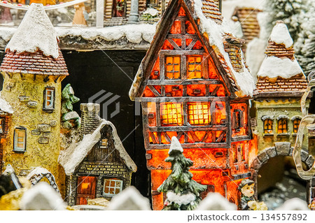 Close-Up of Miniature European Christmas Village Houses 134557892
