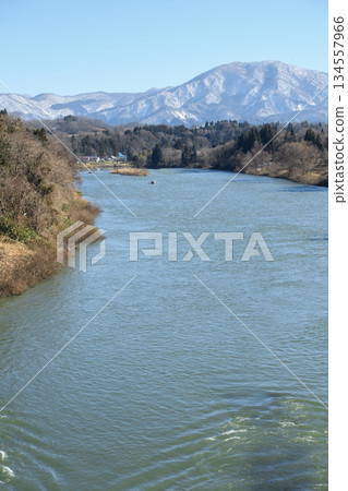 Mogami River Three Difficult Places Boat Ride: Tourist boat passing Oyodo and approaching Mikase, Yamagata Prefecture 134557966