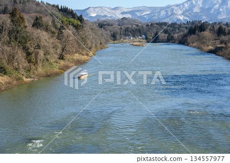 Mogami River Three Difficult Places Boat Ride: Tourist boat approaching Mikase, Yamagata Prefecture Mogami River Three Difficult Places Boat Ride: Tourist boat approaching Mikase, Yamagata Prefecture 134557977