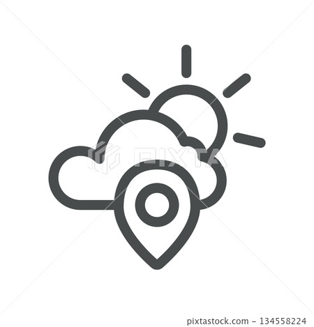 Location Weather Icon including cloud and sun with pin, local climate, GPS forecast, regional weather, map marker for geolocation. 134558224