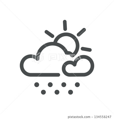 Snow and Sun Weather Icon. Thin Line Cloud with Snowfall and Sun Illustration for Cold but Bright Winter Conditions and Mixed Forecast. Isolated Outline Vector Symbol, Editable Stroke Pictogram 134558247