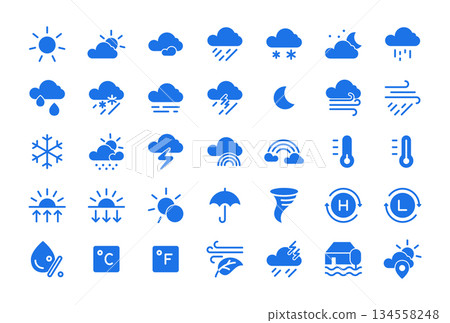 Weather Icon Set for Forecast and Climate: Sun, Cloud, Rain, Snow, Storm, Wind, Fog, Tornado, Thermometer and Humidity. Editable stroke line vector pictogram for web app, linear outline. 134558248