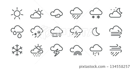 Weather Forecast Icon Set. Thin Line Collection of Climate and Weather Condition Symbols Including Sun, Cloud, Rain, Snow, Wind and Storm. Isolated Outline Vector Pack, Editable Stroke Pictogram Set 134558257