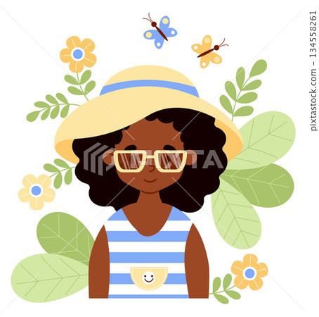 Cute Summer black ethnic Girl in Hat and Sunglasses with Flowers and Butterflies. Female Portrait Seasonal Character. Vector illustration. Perfect for poster, banner, card, design. Kids collection. 134558261