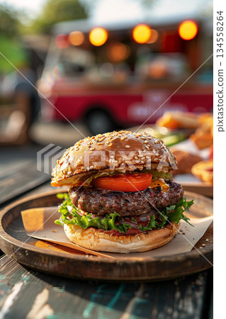 Juicy hamburger with fresh ingredients served on a wooden plate at a food truck festival Juicy hamburger with fresh ingredients served on a wooden plate at a food truck festival 134558264