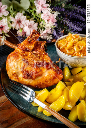 A delicious piece of roasted chicken. A delicious piece of roasted chicken. 134558533