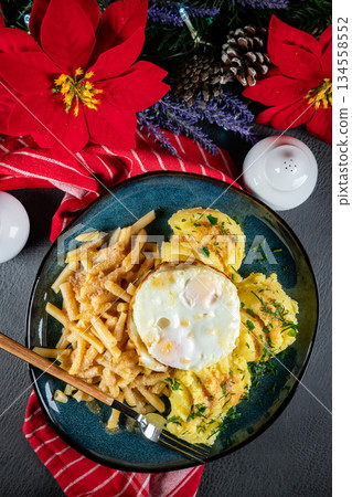 Fried eggs with boiled potatoes and yellow string beans. Fried eggs with boiled potatoes and yellow string beans. 134558552