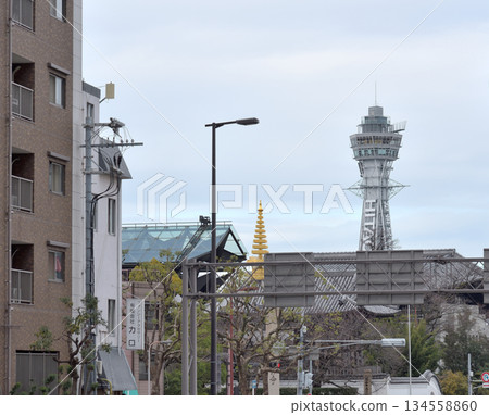 Tsutenkaku tower famous landmark in the Shinsekai district of Osaka, Japan 134558860